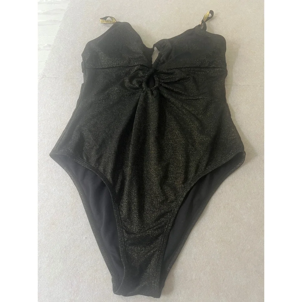 Metallic Black Gold Shimmer O-Ring One Piece Swimsuit High Cut CAA12E3B008AA M